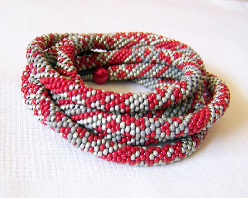 Long Beaded Crochet Rope Necklace Beadwork necklace Wrap necklace Geometric necklace Patchwork necklace Red Grey Silver image 4