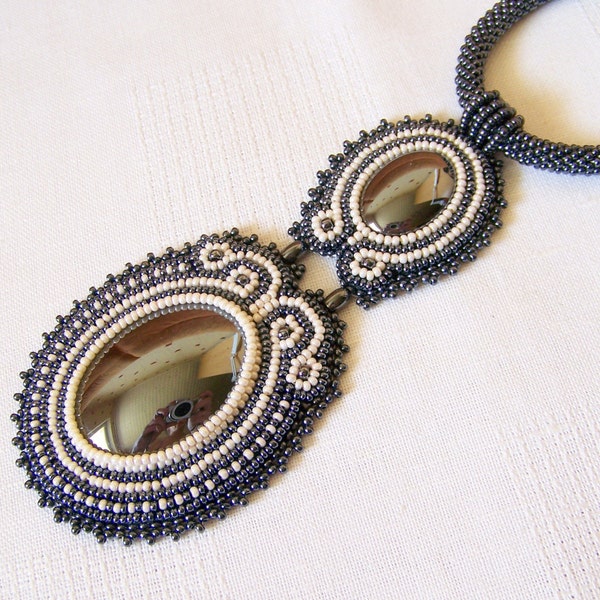 Statement necklace - Beadwork Bead Embroidery Pendant Necklace with Hematite - Modern necklace - REFLECTIONS - grey - beige