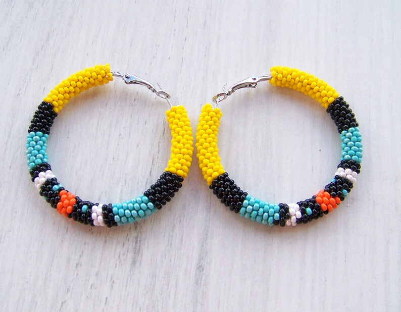 Colorful bead crochet hoop earrings Beadwork earrings Etsy