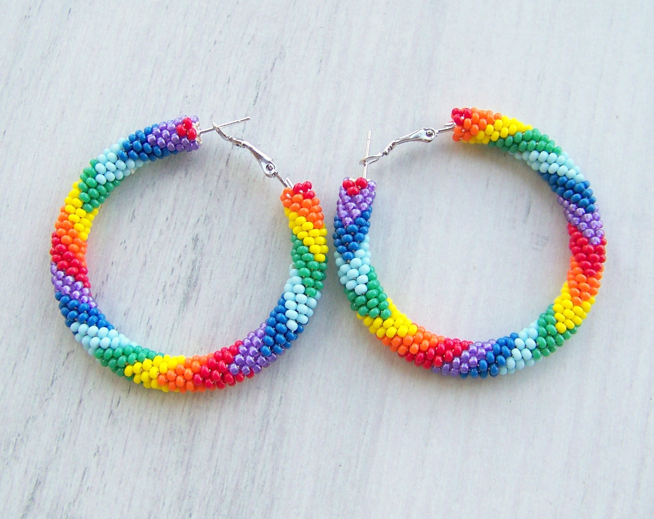 Beaded Rainbow colorful hoop earrings Luxury Pride hoops Etsy