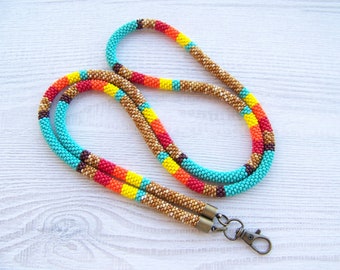 African lanyard with ID holder - woman beaded lanyard - Colorful bead crochet lanyard - ID card holder - nurse lanyard ID holder