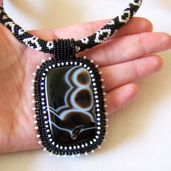Beadwork Bead Embroidery Pendant Necklace with Black Agate - LUCKY EIGHT - Big pendant necklace - statement black necklace