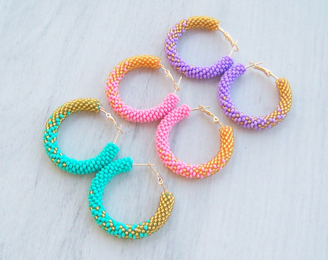 Beaded Mint, Pink, Violeta and Gold Ombre Hoop Earrings Small Beadwork ...