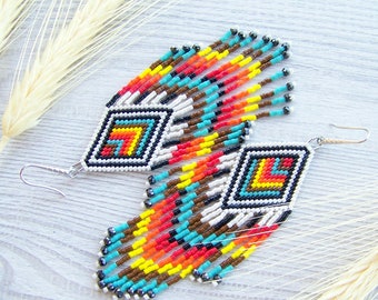 Native beaded earrings, Geometric Tribal boho chic Jewelry, Long dangling unique colorful bohemian earrings made of miyuki Delica beads