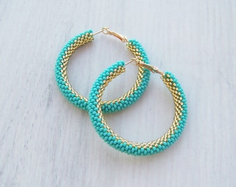 Turquoise and Gold hoop earrings - Beaded hoop earrings - Snake bead crochet earrings - Beadwork seed beads earrings - Big Modern earrings