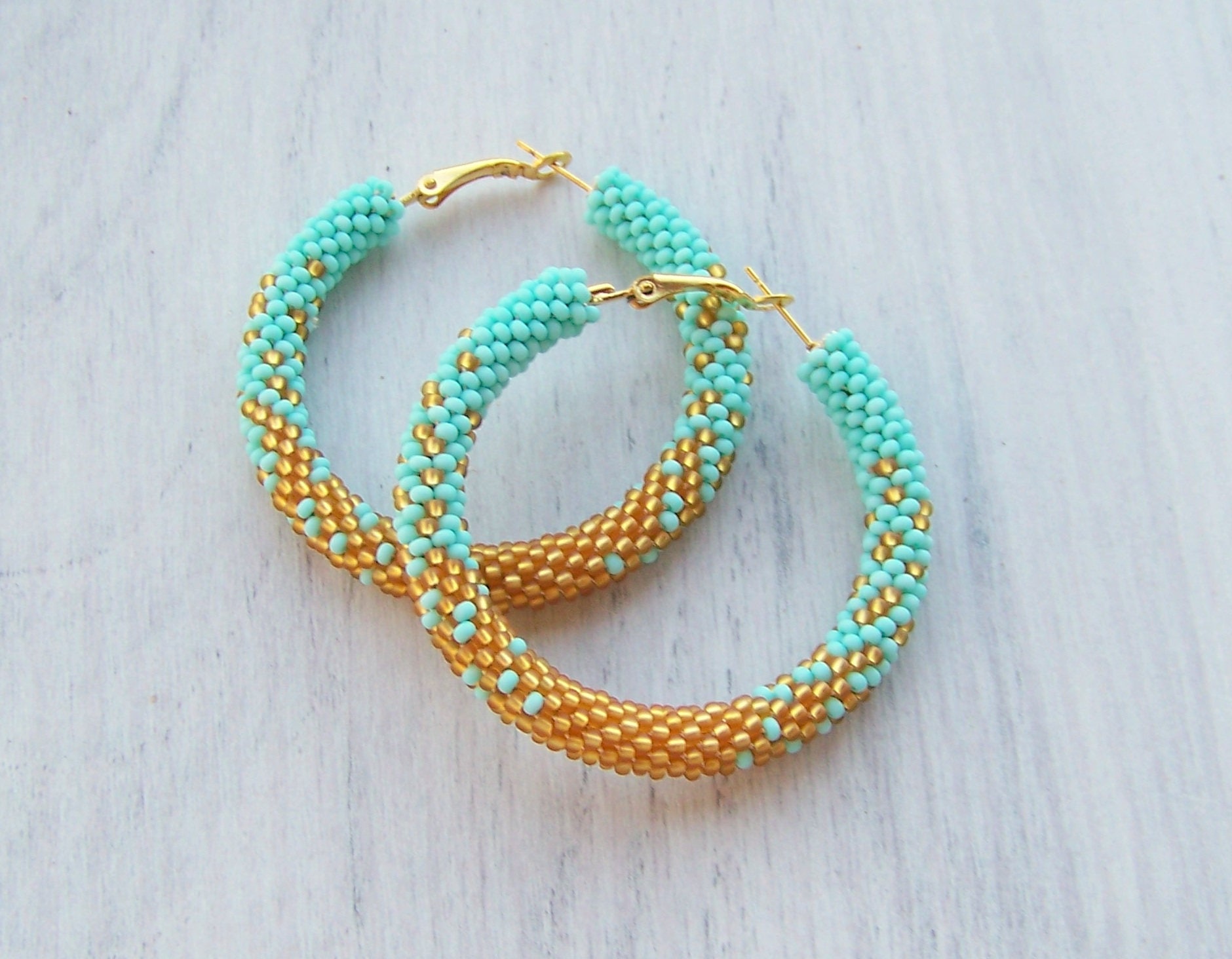Beaded mint and gold ombre hoop earrings Beadwork beaded | Etsy