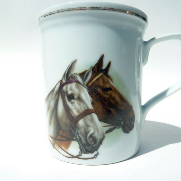 Vintage Horse Portrait Cup White and Brown Gold Rim Vintage Coffee Mug Tea Cup Equestrian Derby Racing Jumping