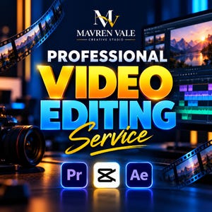 May include: A digital graphic for Mavren Vale Creative Studio featuring the text Professional Video Editing Service in bold yellow and blue letters. Includes icons for Adobe Premiere, CapCut, and After Effects, a camera, and film strips.