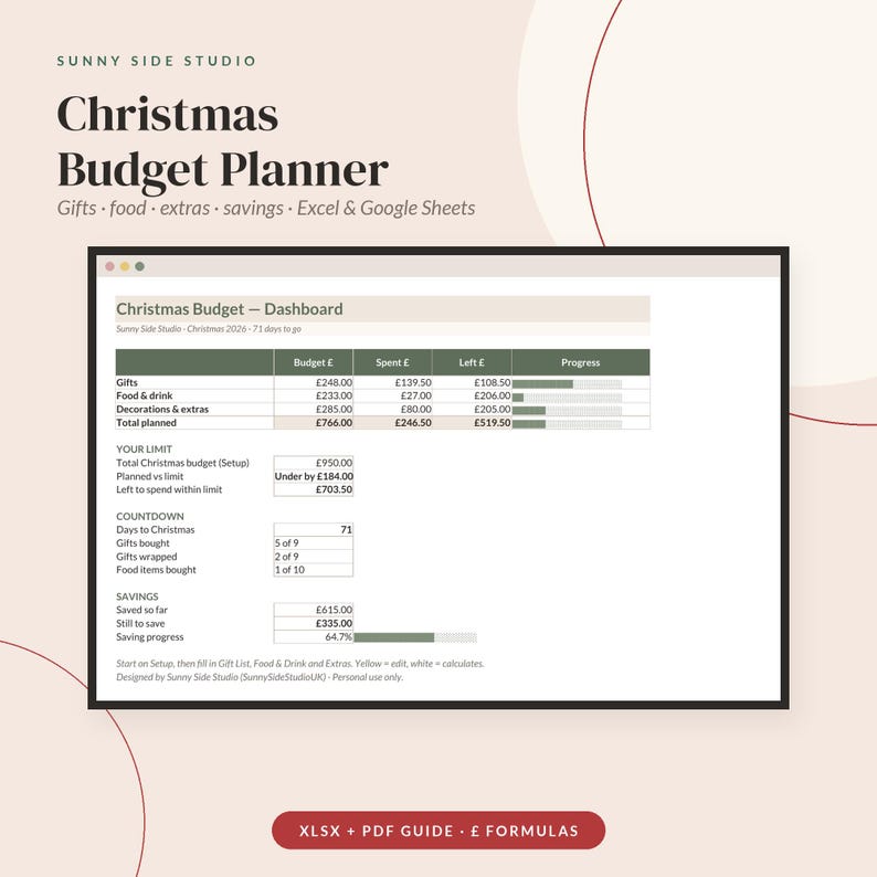 Progress Countdown Template Christmas Budget Planner Spreadsheet UK Gift List Tracker Christmas ...
