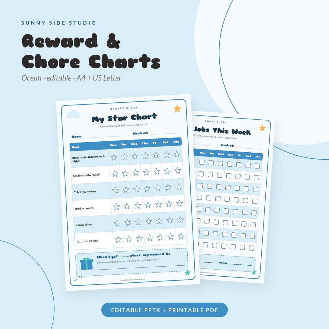 Print Incentive Chart Kids Reward Chart and Chore Chart Printable Ocean Blue Editable Sticker ...