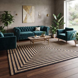 Geometric Jute Rug, Black Beige Striped Area Rug, Modern Maze Pattern Carpet, Natural Woven Living Room Rug, Luxury Boho Decor