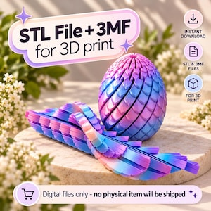 May include: A digital file for 3D printing featuring an egg with a scale-like texture and a separate articulated wing piece. The object has a gradient color scheme of pink, purple, and blue. Text reads: STL File + 3MF for 3D print and Digital files only - no physical item will be shipped.