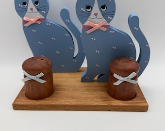 Vintage Wooden Cat Napkin Holder Salt & Pepper Set in Original Box