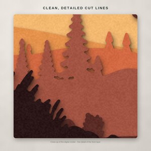 May include: A multi-layered paper craft design featuring a forest landscape with pine trees in shades of dark brown, orange, and yellow. The text CLEAN, DETAILED CUT LINES appears at the top, and the text Close-up of the digital render - fine detail of the front layer appears at the bottom.