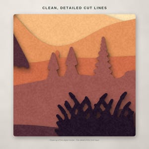 May include: A multi-layered paper craft art piece featuring a landscape with trees and bushes in shades of orange, brown, and dark purple. The text CLEAN, DETAILED CUT LINES is visible at the top, and the bottom text reads Close-up of the digital render - fine detail of the front layer.