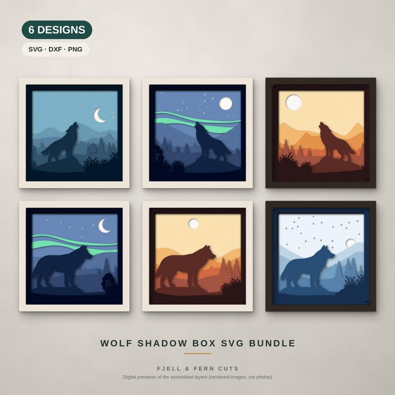 May include: A digital bundle of 6 wolf shadow box designs in SVG, DXF, and PNG formats. Each square frame features a layered paper-cut style illustration of a wolf in a mountain landscape with various celestial elements like moons and aurora.
