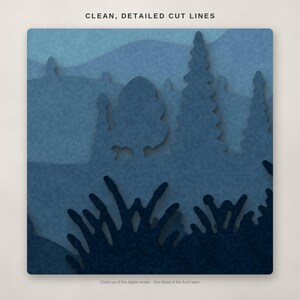 May include: A multi-layered digital art piece featuring a forest landscape in shades of blue. The design displays clean, detailed cut lines with silhouettes of trees, bushes, and rolling hills. The text CLEAN, DETAILED CUT LINES is visible.