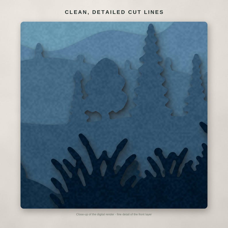 May include: A multi-layered digital art piece featuring a forest landscape in shades of blue. The design displays clean, detailed cut lines with silhouettes of trees, bushes, and rolling hills. The text CLEAN, DETAILED CUT LINES is visible.