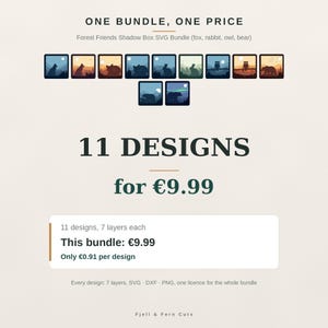 Op de afbeelding: Een digitaal pakket van 11 Forest Friends schaduwdoosontwerpen met silhouetten van vossen, konijnen, uilen en beren in diverse landschappen. De tekst luidt ONE BUNDLE, ONE PRICE, Forest Friends Shadow Box SVG Bundle, 11 DESIGNS en Fjell & Fern Cuts.
