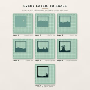 Puede incluir: Siete capas cuadradas para manualidades mostradas sobre una base de corte de 30,48 x 30,48 cm. Cada capa presenta un recorte de paisaje &uacute;nico, desde verde hasta casi negro, etiquetadas del 1 al 7 con c&oacute;digos de color.