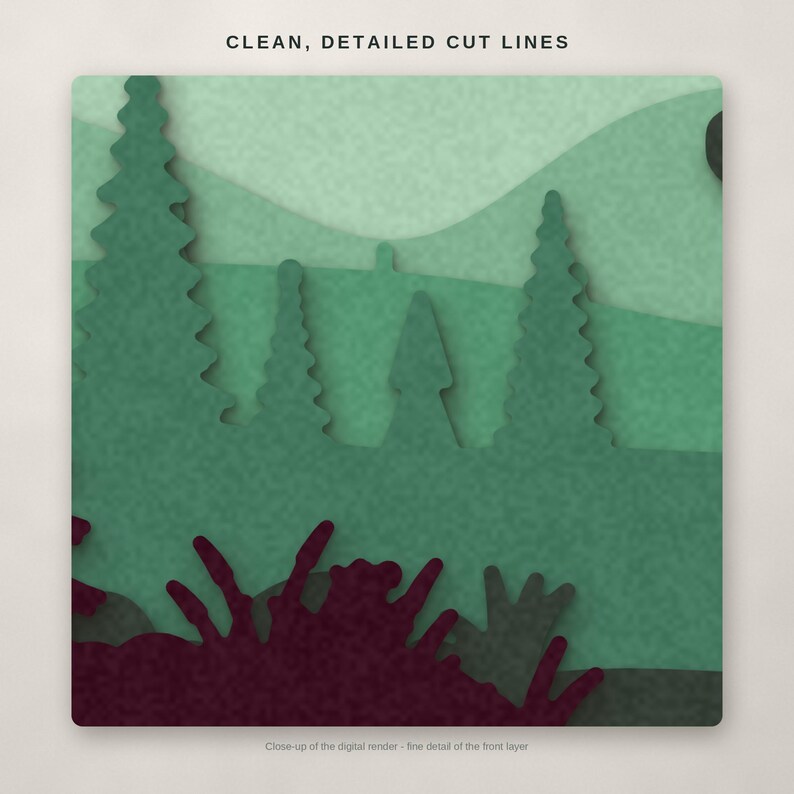May include: A multi-layered paper craft design featuring a forest landscape with various shades of green trees and hills, and dark purple foreground foliage. The text CLEAN, DETAILED CUT LINES is visible at the top of the image.