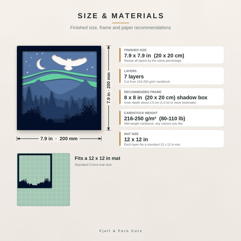 May include: A layered paper shadow box design featuring a night landscape with an owl, moon, stars, and aurora borealis. Text includes SIZE & MATERIALS, 20 x 20 cm (7.9 x 7.9 in), 7 layers, 20 x 20 cm shadow box, and 216-250 g/m2 cardstock weight.