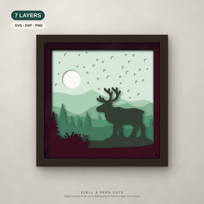 Christmas Reindeer Shadow Box SVG, 3D Layered SVG Christmas Files, Reindeer Papercut Cricut Cut File, Evergreen Berry image 1