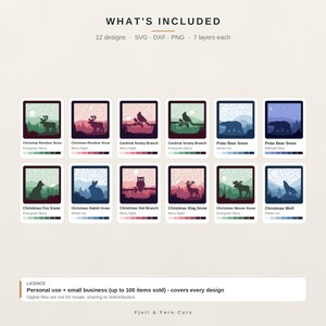 May include: A digital collection of 12 layered animal designs in SVG, DXF, and PNG formats. Each square graphic features silhouettes of wildlife like reindeer, cardinals, bears, foxes, rabbits, owls, stags, moose, and wolves in snowy landscapes.