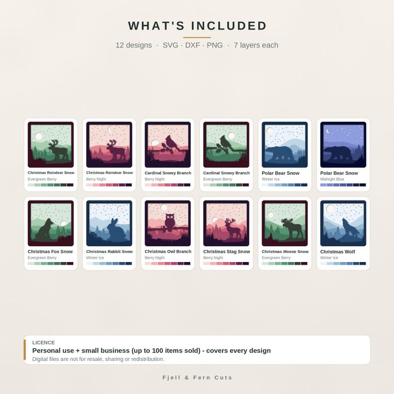 May include: A digital collection of 12 layered animal designs in SVG, DXF, and PNG formats. Each square graphic features silhouettes of wildlife like reindeer, cardinals, bears, foxes, rabbits, owls, stags, moose, and wolves in snowy landscapes.