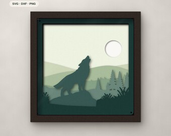 Wolf Shadow Box SVG, Layered Howling Wolf SVG Files, 3D Papercut Cricut Cut File, Misty Sage Green