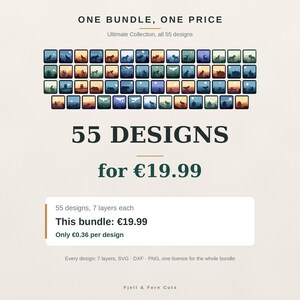 May include: A digital collection of 55 graphic designs featuring various animal silhouettes and nature landscapes in a grid layout. Text includes ONE BUNDLE, ONE PRICE, Ultimate Collection, all 55 designs, 55 DESIGNS for &euro;19.99, and Fjell & Fern Cuts.