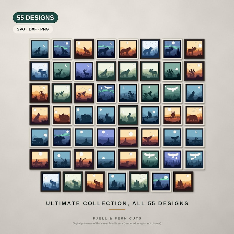 May include: A collection of 55 square digital designs featuring layered silhouettes of animals and landscapes, including wolves, bears, owls, and deer against moonlit backgrounds. Text reads 55 DESIGNS, SVG, DXF, PNG, ULTIMATE COLLECTION, ALL 55 DESIGNS, FJELL & FERN CUTS.