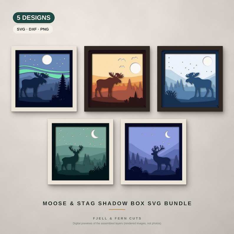Puede incluir: Un paquete digital de 5 dise&ntilde;os con arte de caja de sombras en capas de alces y ciervos en varios paisajes. Los gr&aacute;ficos incluyen siluetas de animales, bosques, lunas y estrellas. El texto dice 5 DESIGNS SVG DXF PNG MOOSE & STAG SHADOW BOX SVG BUNDLE FJELL & FERN CUTS.