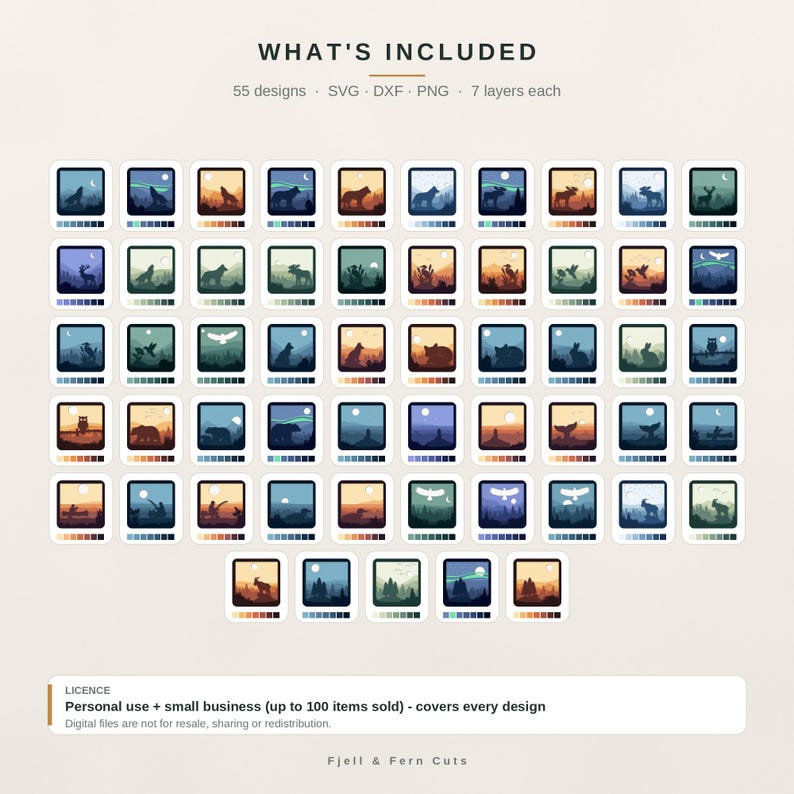 May include: A collection of 55 digital graphic designs featuring animal silhouettes in nature landscapes with color palettes. Text includes WHAT'S INCLUDED, 55 designs, SVG, DXF, PNG, 7 layers each, LICENCE, Personal use + small business, and Fjell & Fern Cuts.