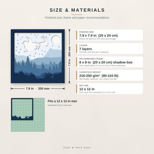 May include: A layered paper craft design featuring a silhouette of Santa and reindeer flying over a forest and mountains. The image includes text detailing a finished size of 7.9 x 7.9 inches, 7 layers, and a 12 x 12 inch mat fit.