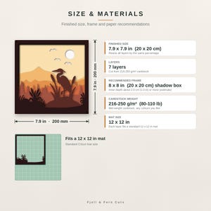 May include: A square multi-layered paper craft design featuring a heron in a marsh landscape with mountains and a sun. Text includes SIZE & MATERIALS, 7.9 x 7.9 in (20 x 20 cm), 7 layers, 8 x 8 in shadow box, and 216-250 g/m&sup2; cardstock.