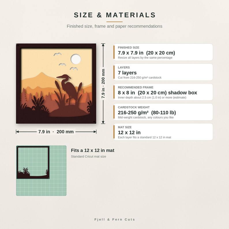 May include: A square multi-layered paper craft design featuring a heron in a marsh landscape with mountains and a sun. Text includes SIZE & MATERIALS, 7.9 x 7.9 in (20 x 20 cm), 7 layers, 8 x 8 in shadow box, and 216-250 g/m&sup2; cardstock.