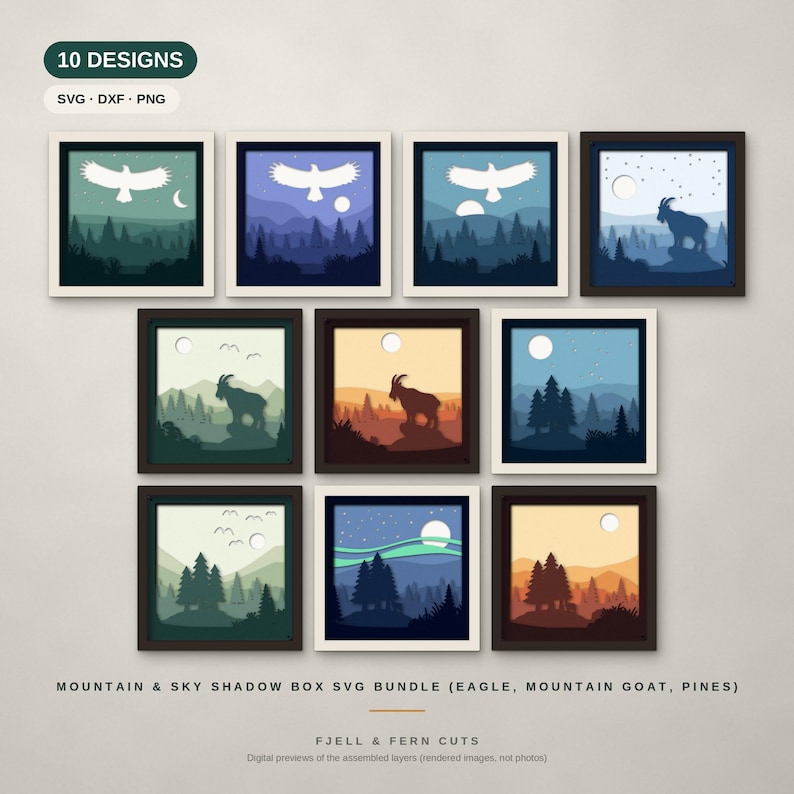 May include: A digital bundle of 10 shadow box designs featuring layered mountain, forest, eagle, and mountain goat scenes. The collection includes SVG, DXF, and PNG files labeled Mountain & Sky Shadow Box SVG Bundle with Fjell & Fern Cuts.