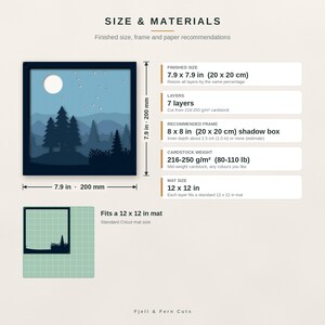 May include: A digital guide for a 7-layer paper cut shadow box featuring a forest landscape with a moon and stars. The finished size is 7.9 x 7.9 inches. It includes specifications for 216-250 g/m2 cardstock, an 8 x 8 inch shadow box frame, and a 12 x 12 inch mat.