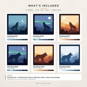 May include: A digital collection of six layered paper-cut style designs featuring wolves in various landscapes. The set includes SVG, DXF, and PNG files with seven layers each, titled Howling Wolf and Standing Wolf in color themes like Twilight Teal, Aurora Night, Autumn Sunset, and Winter Ice.