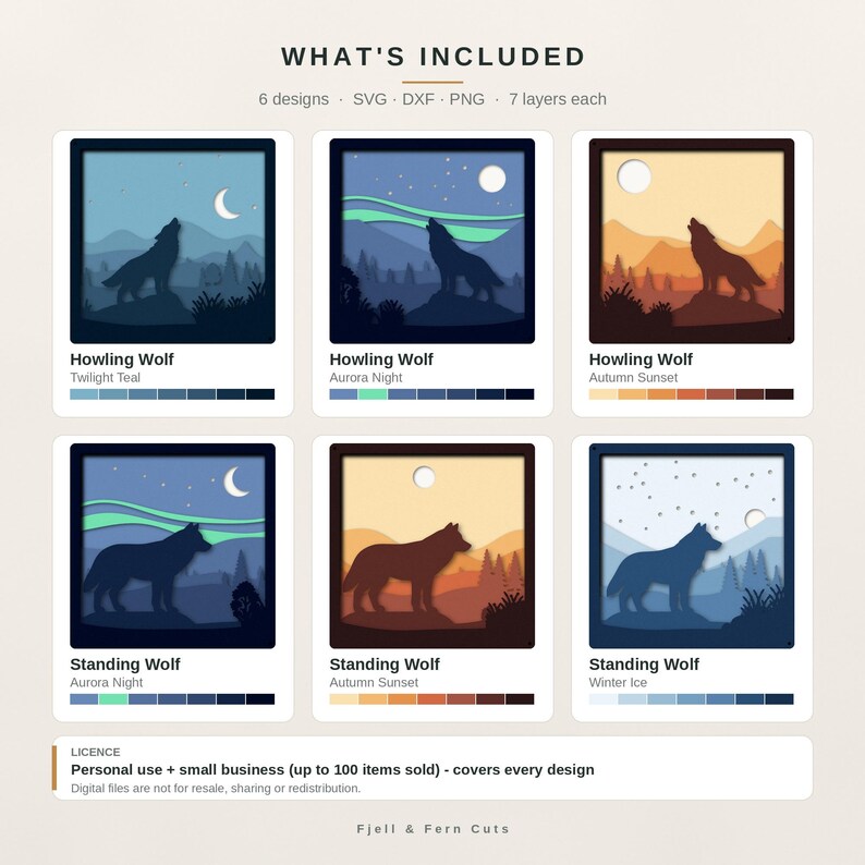May include: A digital collection of six layered paper-cut style designs featuring wolves in various landscapes. The set includes SVG, DXF, and PNG files with seven layers each, titled Howling Wolf and Standing Wolf in color themes like Twilight Teal, Aurora Night, Autumn Sunset, and Winter Ice.