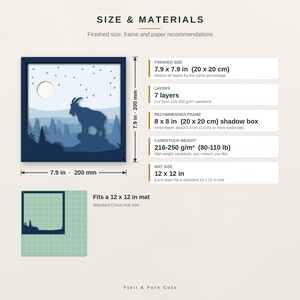 May include: A seven-layer paper craft design featuring a goat silhouette in a mountain landscape with a moon and stars. The finished size is 7.9 x 7.9 inches, designed for an 8 x 8 inch shadow box. Text includes Size & Materials, 7 layers, and Fjell & Fern Cuts.