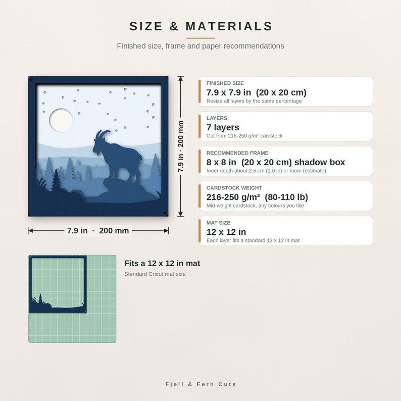 May include: A seven-layer paper craft design featuring a goat silhouette in a mountain landscape with a moon and stars. The finished size is 7.9 x 7.9 inches, designed for an 8 x 8 inch shadow box. Text includes Size & Materials, 7 layers, and Fjell & Fern Cuts.