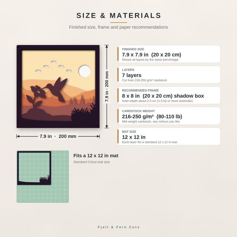 May include: A layered paper craft design featuring a hummingbird and flower silhouette against a sunset landscape. Text includes SIZE & MATERIALS, 7.9 x 7.9 in, 7 layers, 8 x 8 in shadow box, 80-110 lb cardstock, and 12 x 12 in mat.