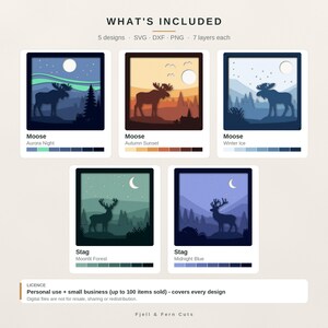 Puede incluir: Una colecci&oacute;n digital de cinco dise&ntilde;os de papel recortado en capas con siluetas de alces y ciervos en varios paisajes. Incluye los temas Aurora Night, Autumn Sunset, Winter Ice, Moonlit Forest y Midnight Blue en formatos de archivo SVG, DXF y PNG.