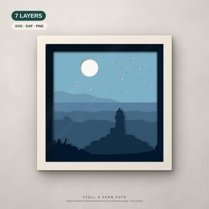 Lighthouse Shadow Box SVG, Layered Lighthouse SVG Files, 3D Papercut Cricut Cut File, Twilight Teal image 1