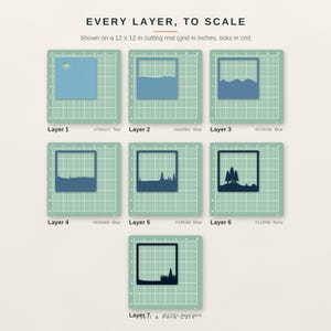 May include: Seven square layered cutouts displayed on a 12 x 12 inch cutting mat. Each layer features a unique landscape silhouette in shades of blue, ranging from light teal to near black, labeled Layer 1 through Layer 7 with hex codes.