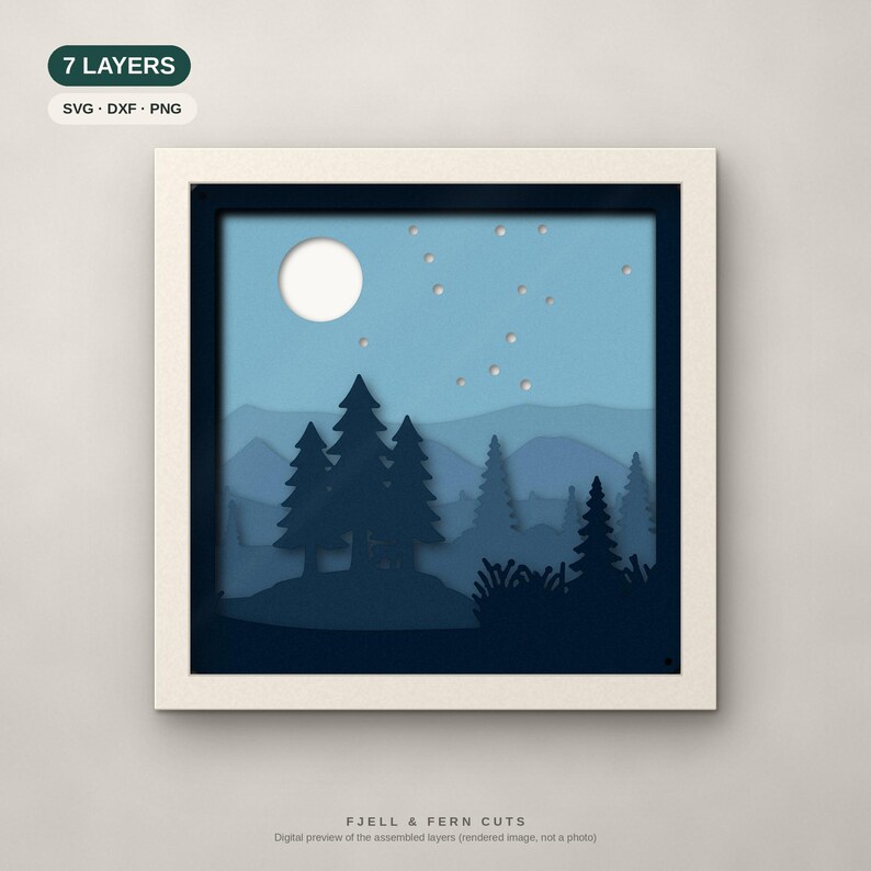 May include: A square framed 7-layer paper cut art piece featuring a night landscape with a white moon, stars, and dark blue silhouettes of pine trees and mountains. The top left corner displays the text 7 LAYERS SVG DXF PNG.