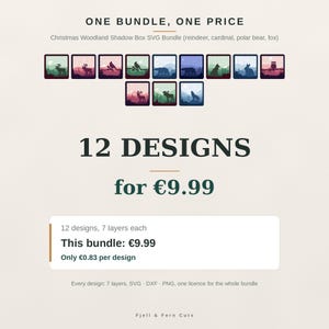 May include: A digital bundle of 12 Christmas woodland shadow box SVG designs featuring silhouettes of reindeer, cardinals, polar bears, foxes, rabbits, and owls. Each design consists of 7 layers, provided in SVG, DXF, and PNG file formats.
