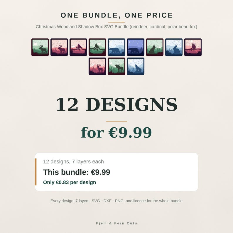 May include: A digital bundle of 12 Christmas woodland shadow box SVG designs featuring silhouettes of reindeer, cardinals, polar bears, foxes, rabbits, and owls. Each design consists of 7 layers, provided in SVG, DXF, and PNG file formats.